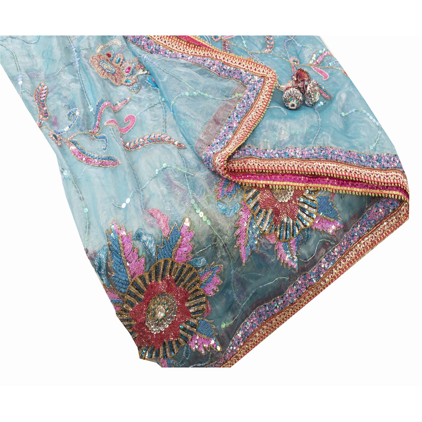 Sanskriti Vintage Long Dupatta Organza Blue Hand Beaded Sequins Gota Patti Stole