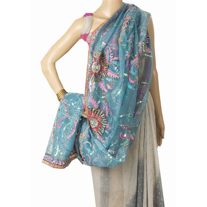 Sanskriti Vintage Long Dupatta Organza Blue Hand Beaded Sequins Gota Patti Stole