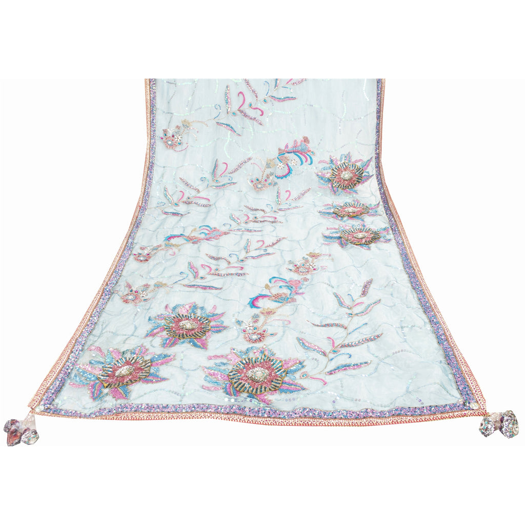 Sanskriti Vintage Long Dupatta Organza Blue Hand Beaded Sequins Gota Patti Stole