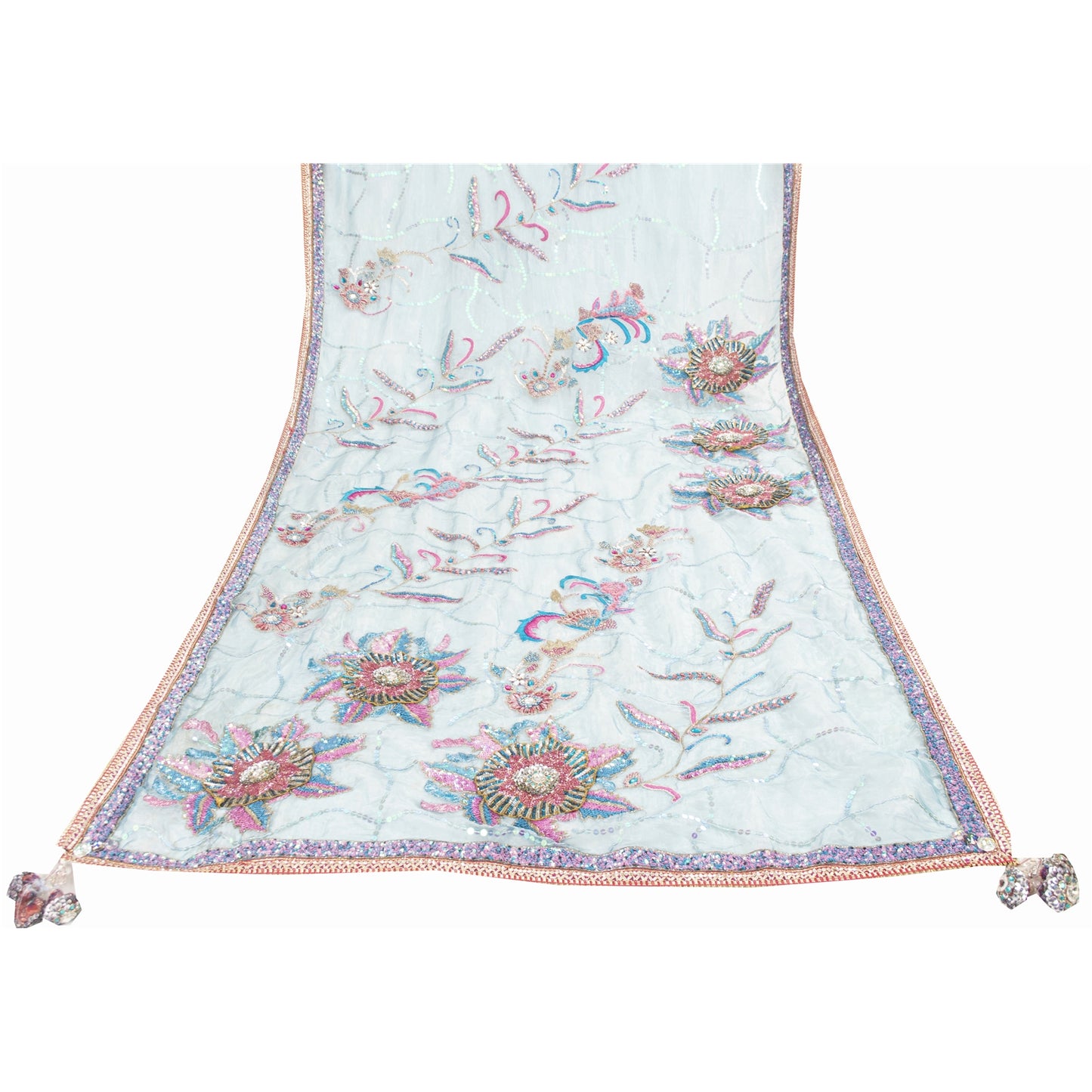 Sanskriti Vintage Long Dupatta Organza Blue Hand Beaded Sequins Gota Patti Stole