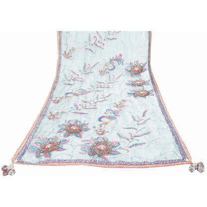 Sanskriti Vintage Long Dupatta Organza Blue Hand Beaded Sequins Gota Patti Stole