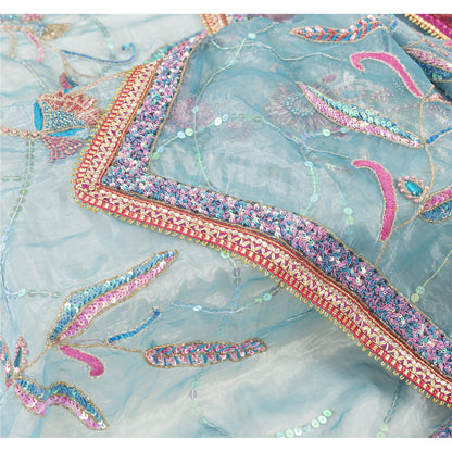Sanskriti Vintage Long Dupatta Organza Blue Hand Beaded Sequins Gota Patti Stole