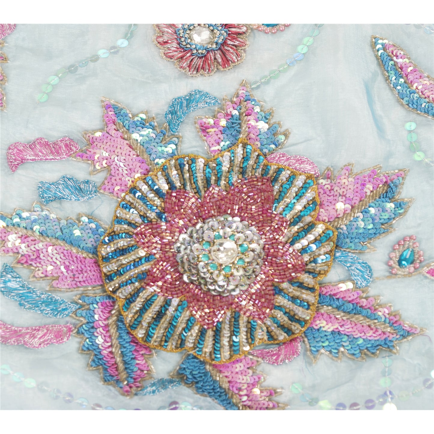 Sanskriti Vintage Long Dupatta Organza Blue Hand Beaded Sequins Gota Patti Stole