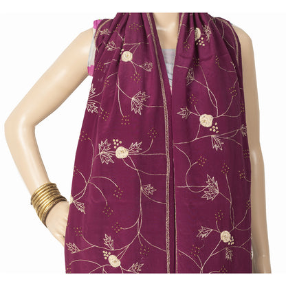 Sanskriti Vintage Long Dupatta Purple Pure Silk Hand Beaded Zardozi Stole Veil