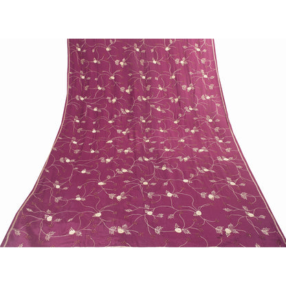 Sanskriti Vintage Long Dupatta Purple Pure Silk Hand Beaded Zardozi Stole Veil