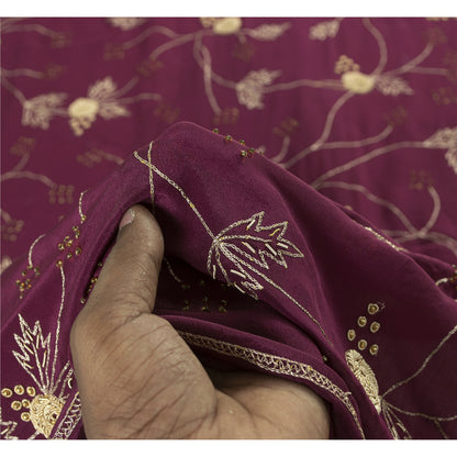 Sanskriti Vintage Long Dupatta Purple Pure Silk Hand Beaded Zardozi Stole Veil