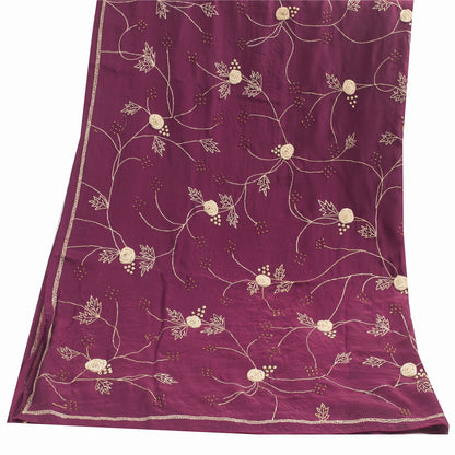 Sanskriti Vintage Long Dupatta Purple Pure Silk Hand Beaded Zardozi Stole Veil