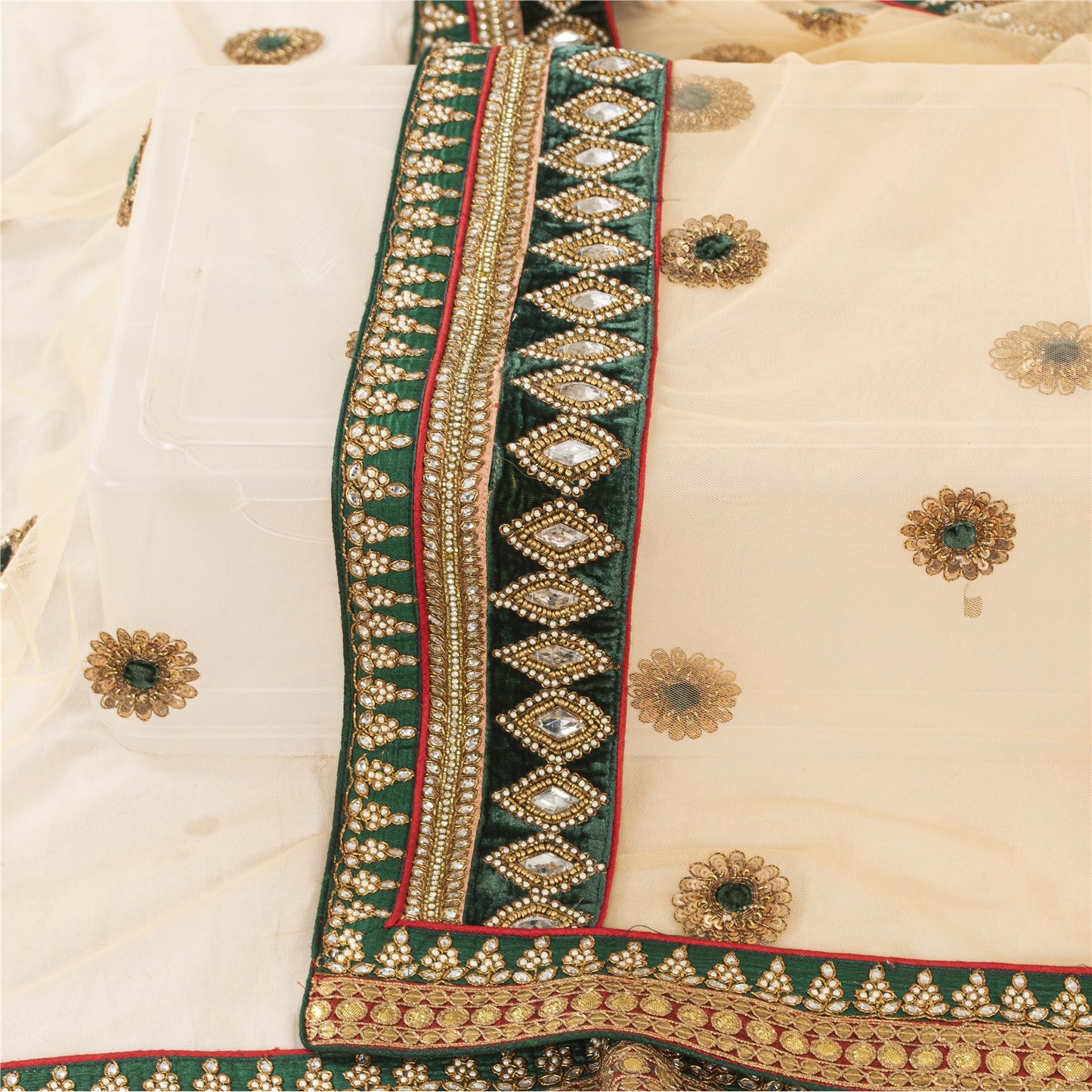 Sanskriti Vintage Dupatta/Stole Net Mesh Cream Hand Beaded Rhinestone Scarves