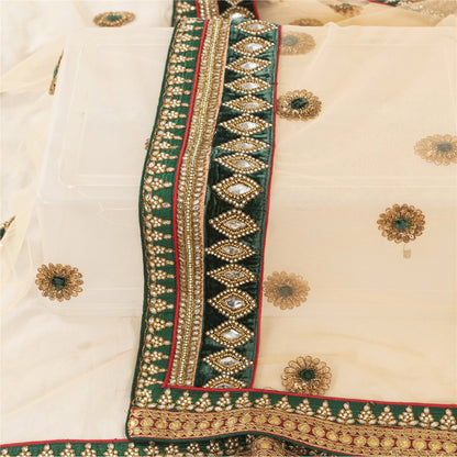 Sanskriti Vintage Dupatta/Stole Net Mesh Cream Hand Beaded Rhinestone Scarves