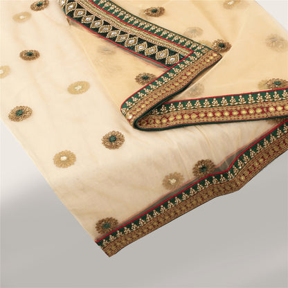 Sanskriti Vintage Dupatta/Stole Net Mesh Cream Hand Beaded Rhinestone Scarves