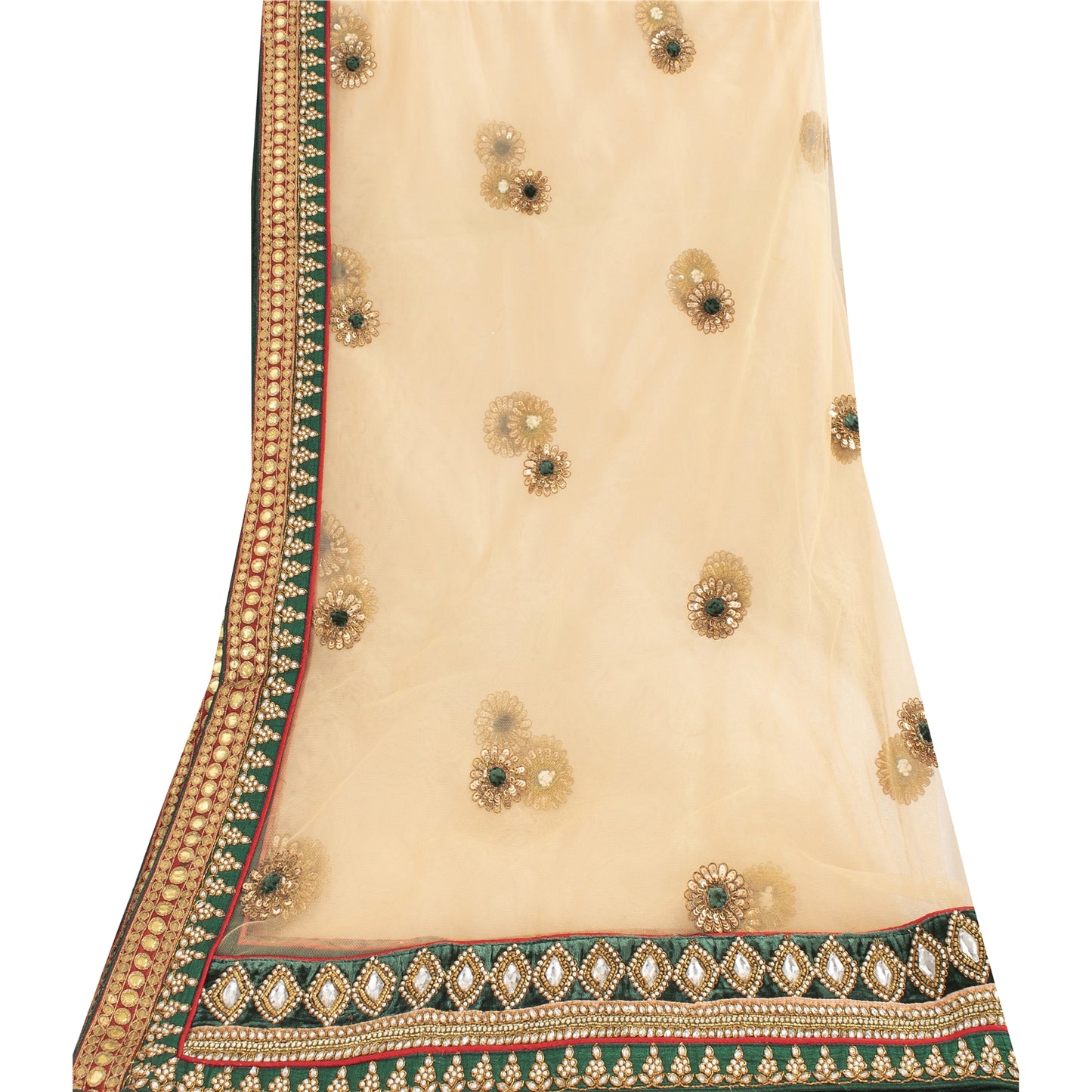 Sanskriti Vintage Dupatta/Stole Net Mesh Cream Hand Beaded Rhinestone Scarves