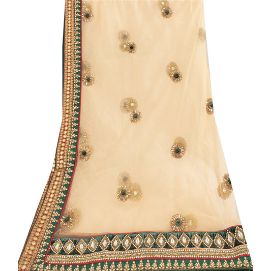 Sanskriti Vintage Dupatta/Stole Net Mesh Cream Hand Beaded Rhinestone Scarves