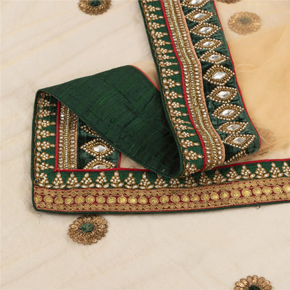 Sanskriti Vintage Dupatta/Stole Net Mesh Cream Hand Beaded Rhinestone Scarves