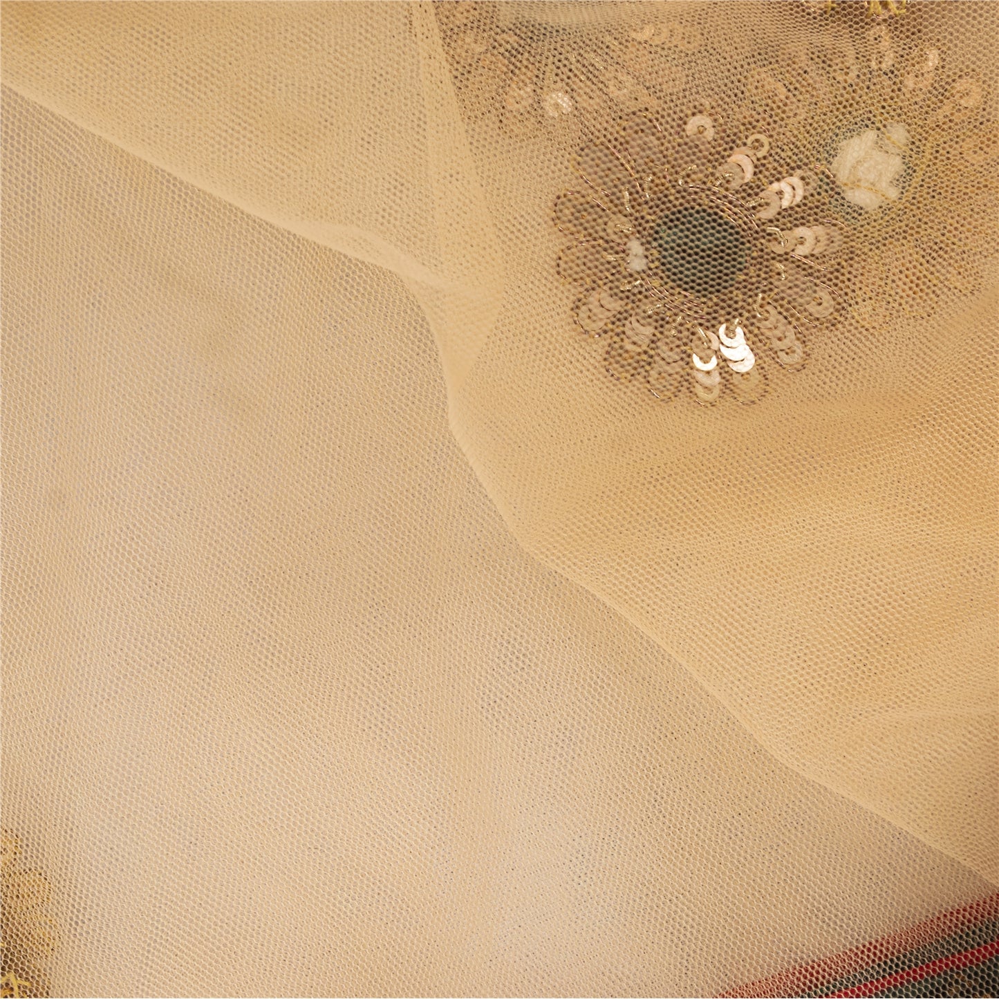 Sanskriti Vintage Dupatta/Stole Net Mesh Cream Hand Beaded Rhinestone Scarves