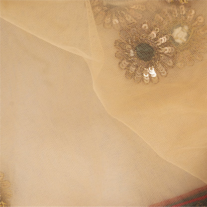 Sanskriti Vintage Dupatta/Stole Net Mesh Cream Hand Beaded Rhinestone Scarves