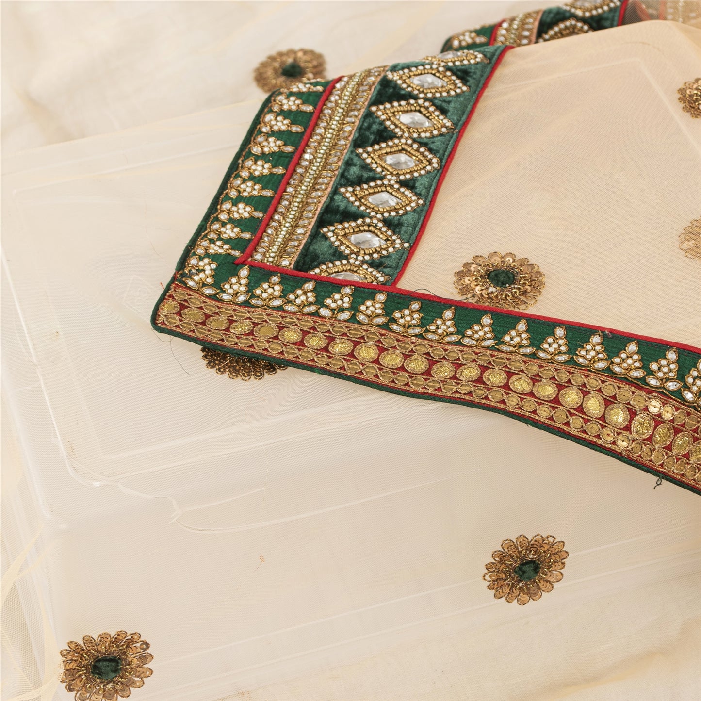 Sanskriti Vintage Dupatta/Stole Net Mesh Cream Hand Beaded Rhinestone Scarves