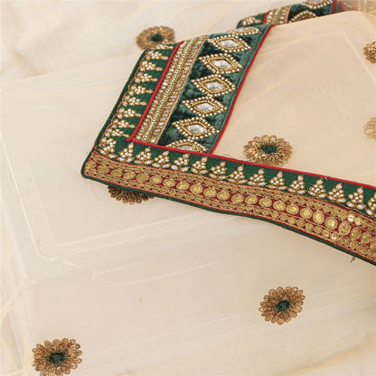 Sanskriti Vintage Dupatta/Stole Net Mesh Cream Hand Beaded Rhinestone Scarves