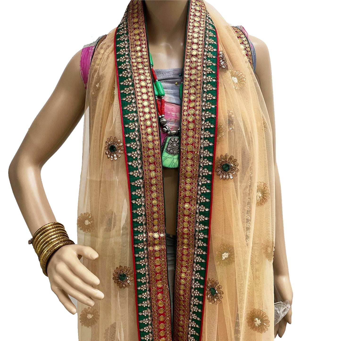 Sanskriti Vintage Dupatta/Stole Net Mesh Cream Hand Beaded Rhinestone Scarves