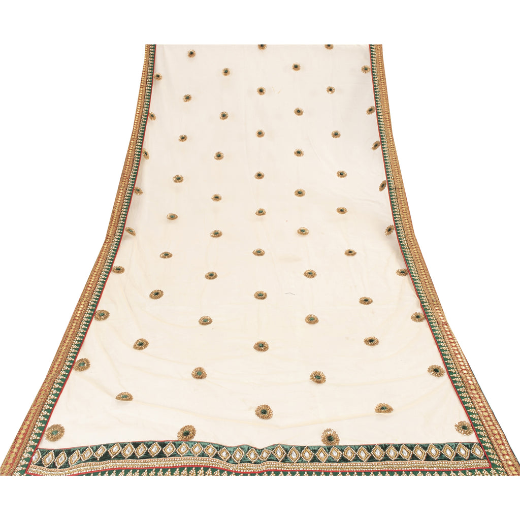 Sanskriti Vintage Dupatta/Stole Net Mesh Cream Hand Beaded Rhinestone Scarves