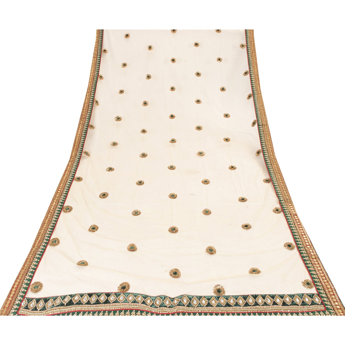 Sanskriti Vintage Dupatta/Stole Net Mesh Cream Hand Beaded Rhinestone Scarves