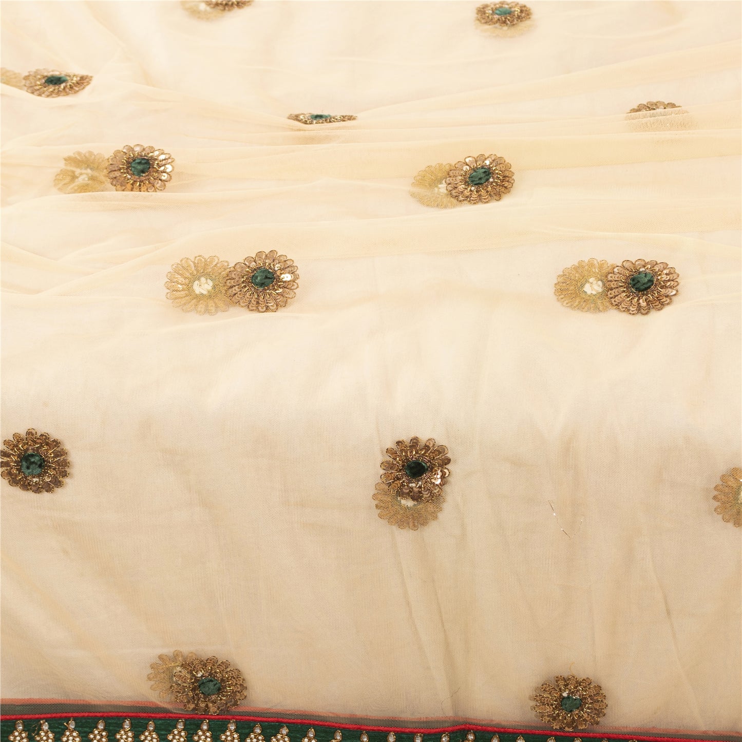 Sanskriti Vintage Dupatta/Stole Net Mesh Cream Hand Beaded Rhinestone Scarves