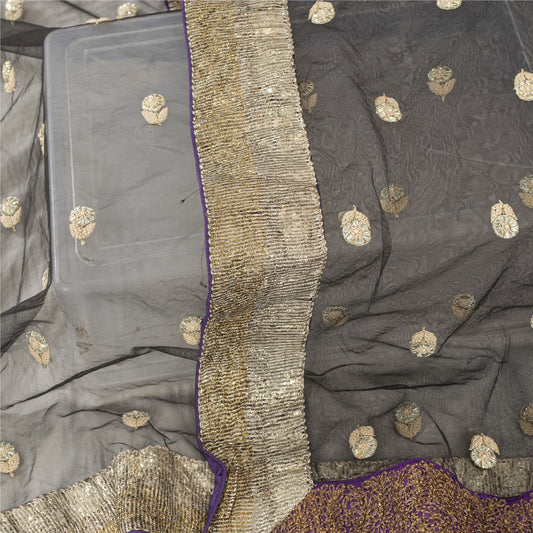 Sanskriti Vintage Dupatta/Stole Net Mesh Black Hand Embroidered Head Scarve Wrap