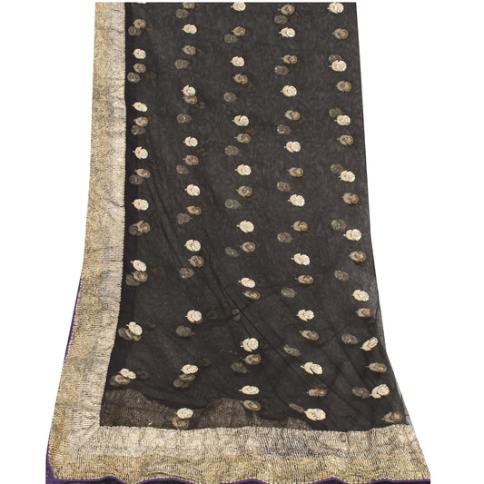 Sanskriti Vintage Dupatta/Stole Net Mesh Black Hand Embroidered Head Scarve Wrap
