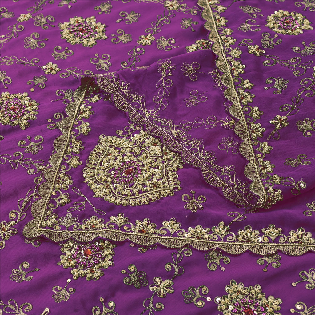 Sanskriti Vintage Dupatta Georgette Purple Hand Beads Zardozi Wedding Scarf Veil