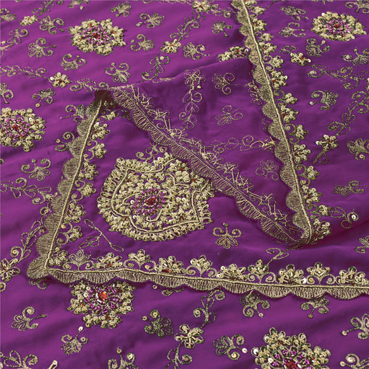Sanskriti Vintage Dupatta Georgette Purple Hand Beads Zardozi Wedding Scarf Veil