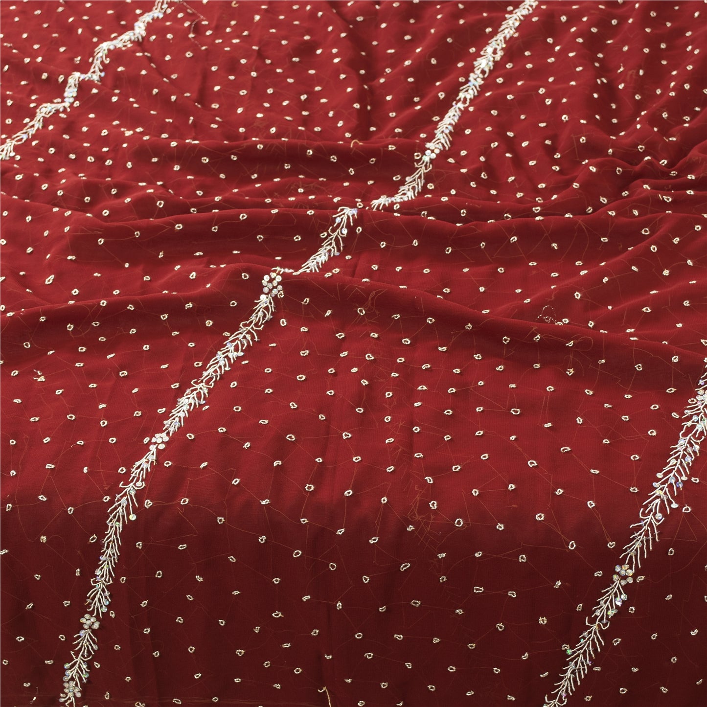 Sanskriti Vintage Dupatta/Stole Georgette Red Hand Beaded Zardozi Scarves Veil