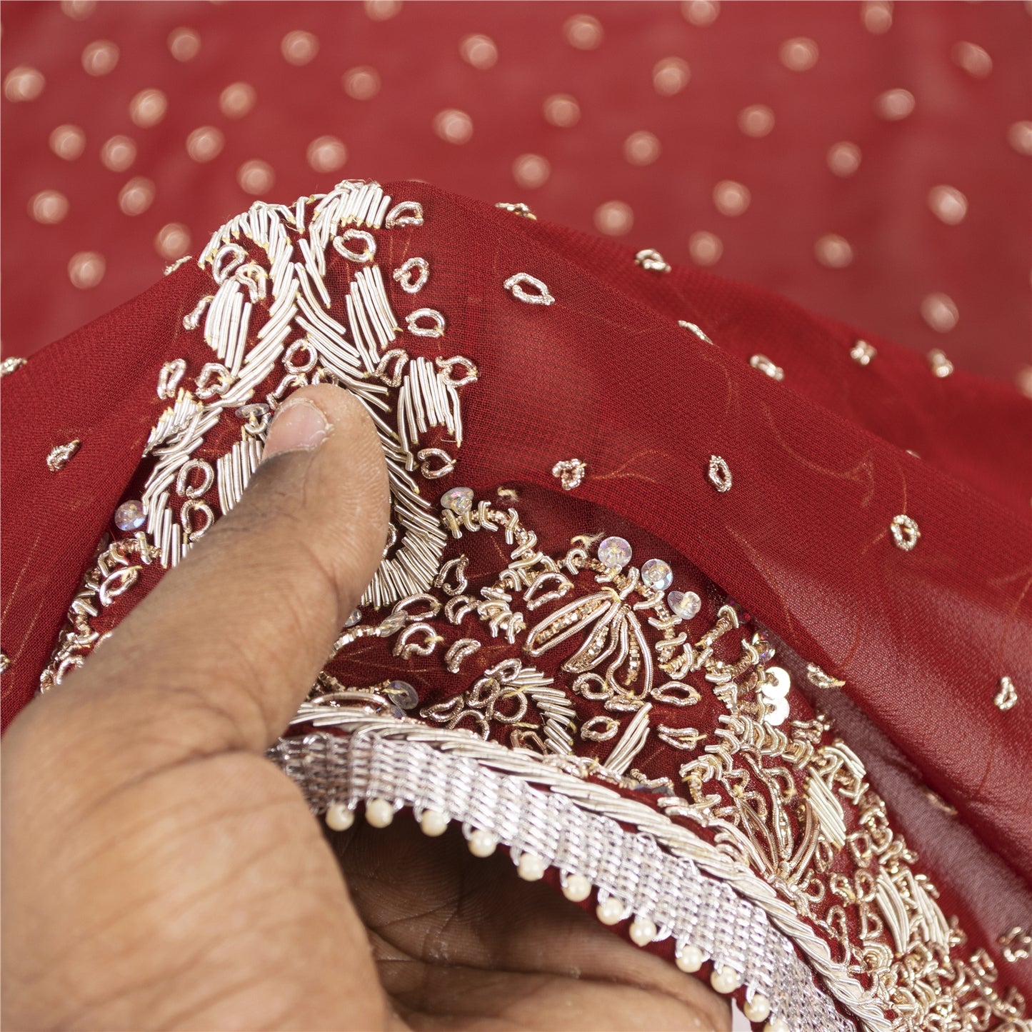 Sanskriti Vintage Dupatta/Stole Georgette Red Hand Beaded Zardozi Scarves Veil