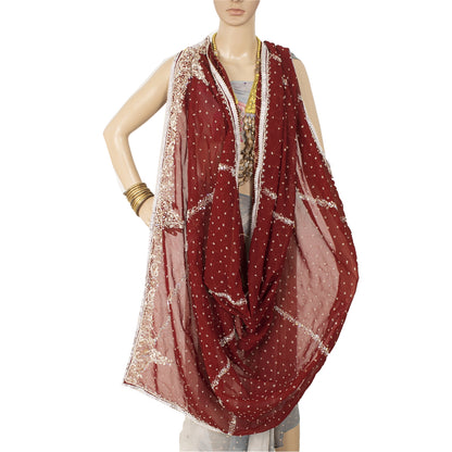 Sanskriti Vintage Dupatta/Stole Georgette Red Hand Beaded Zardozi Scarves Veil
