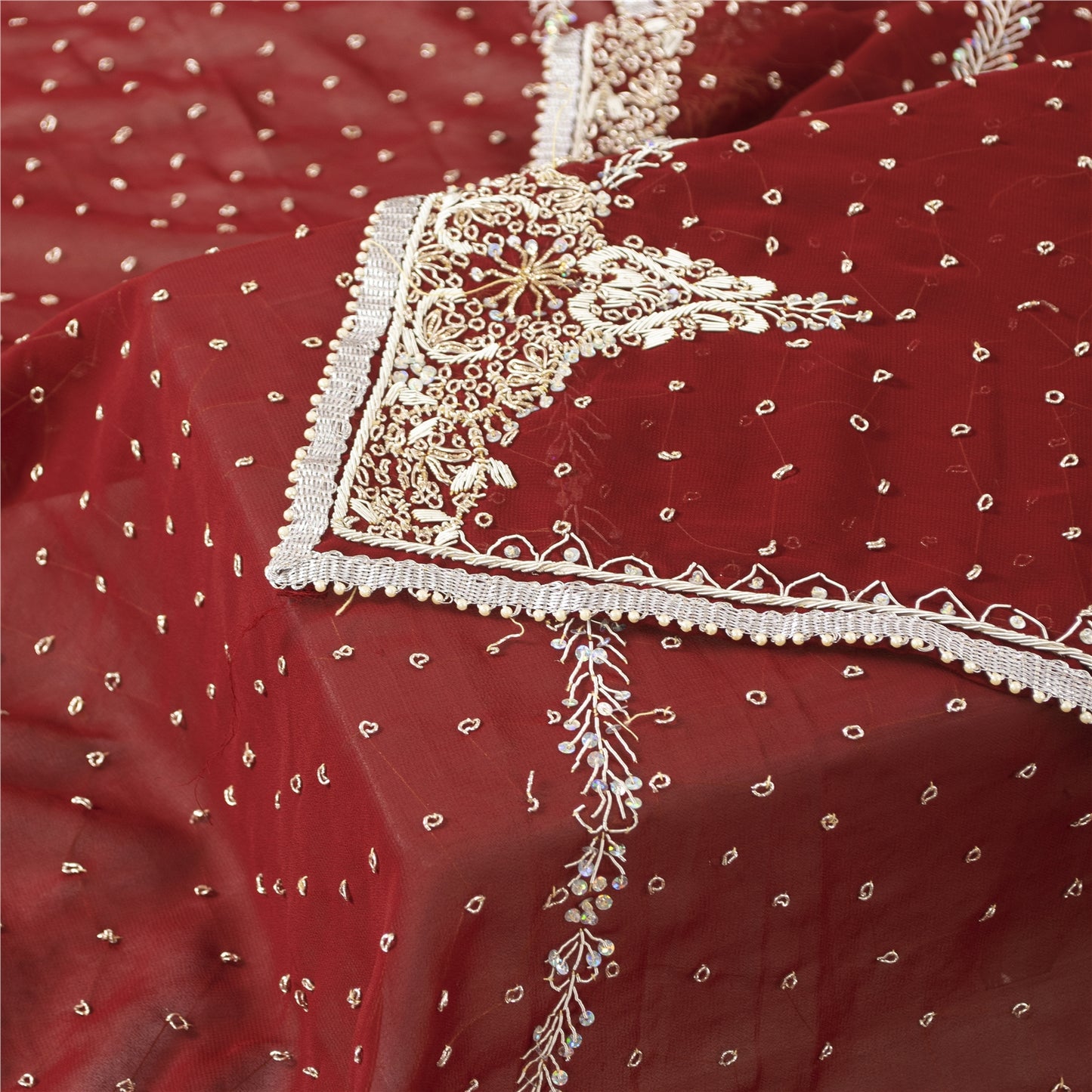 Sanskriti Vintage Dupatta/Stole Georgette Red Hand Beaded Zardozi Scarves Veil