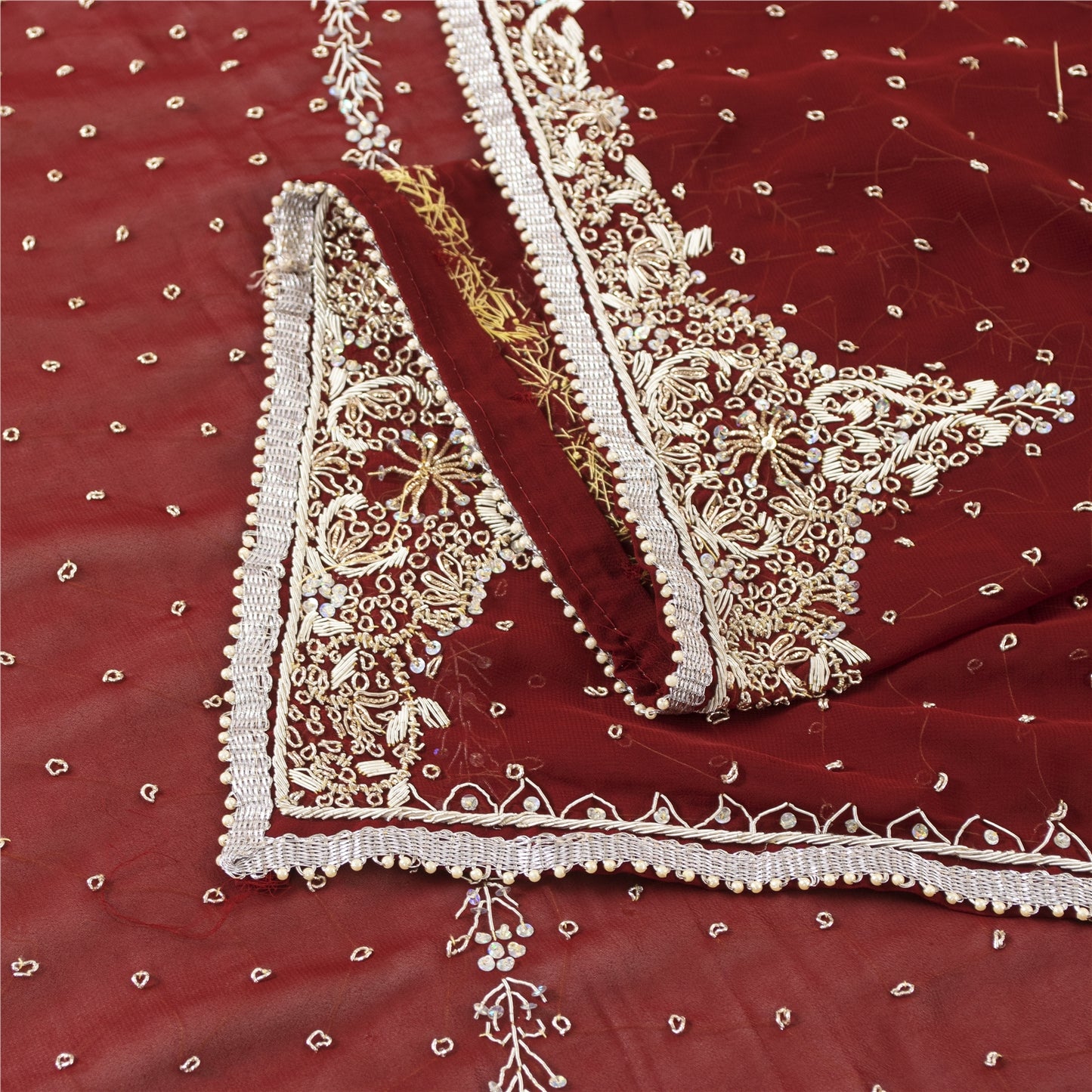 Sanskriti Vintage Dupatta/Stole Georgette Red Hand Beaded Zardozi Scarves Veil