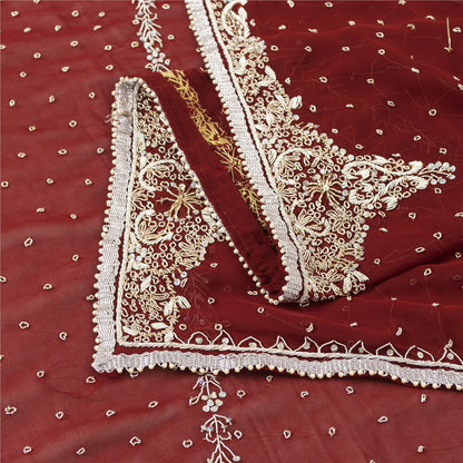 Sanskriti Vintage Dupatta/Stole Georgette Red Hand Beaded Zardozi Scarves Veil