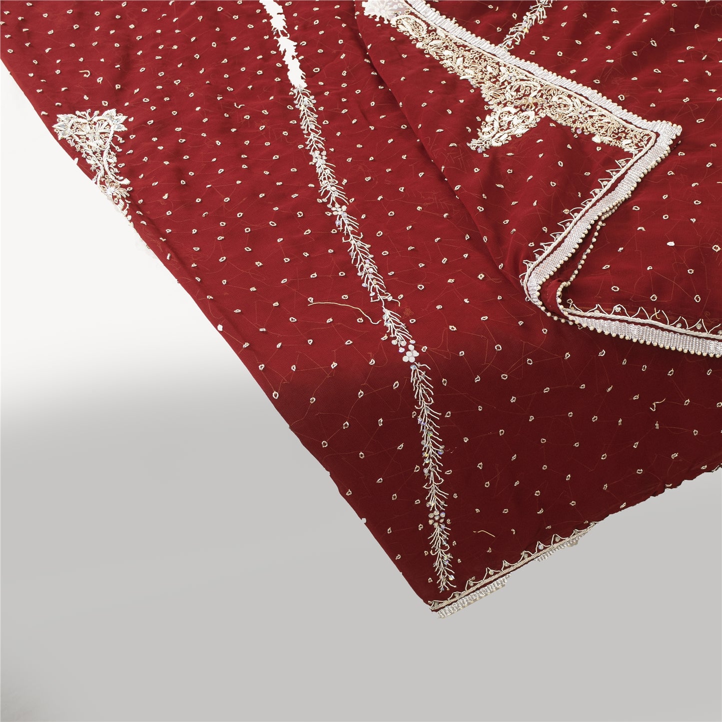 Sanskriti Vintage Dupatta/Stole Georgette Red Hand Beaded Zardozi Scarves Veil