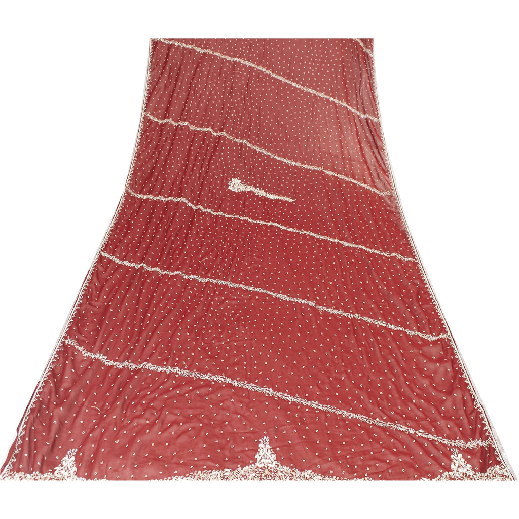 Sanskriti Vintage Dupatta/Stole Georgette Red Hand Beaded Zardozi Scarves Veil