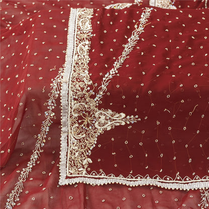 Sanskriti Vintage Dupatta/Stole Georgette Red Hand Beaded Zardozi Scarves Veil