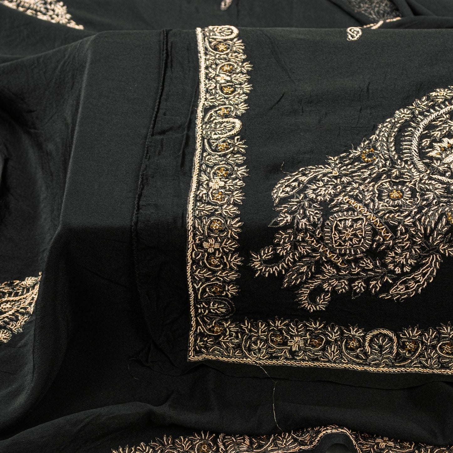 Sanskriti Vintage Black Pure Silk Dupatta Long Stole Hand Embroidered Zardozi Scarves Create Dresse, Kaftan, Skirt, Project, Decor, Sewing