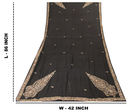 Sanskriti Vintage Black Pure Silk Dupatta Long Stole Hand Embroidered Zardozi Scarves Create Dresse, Kaftan, Skirt, Project, Decor, Sewing