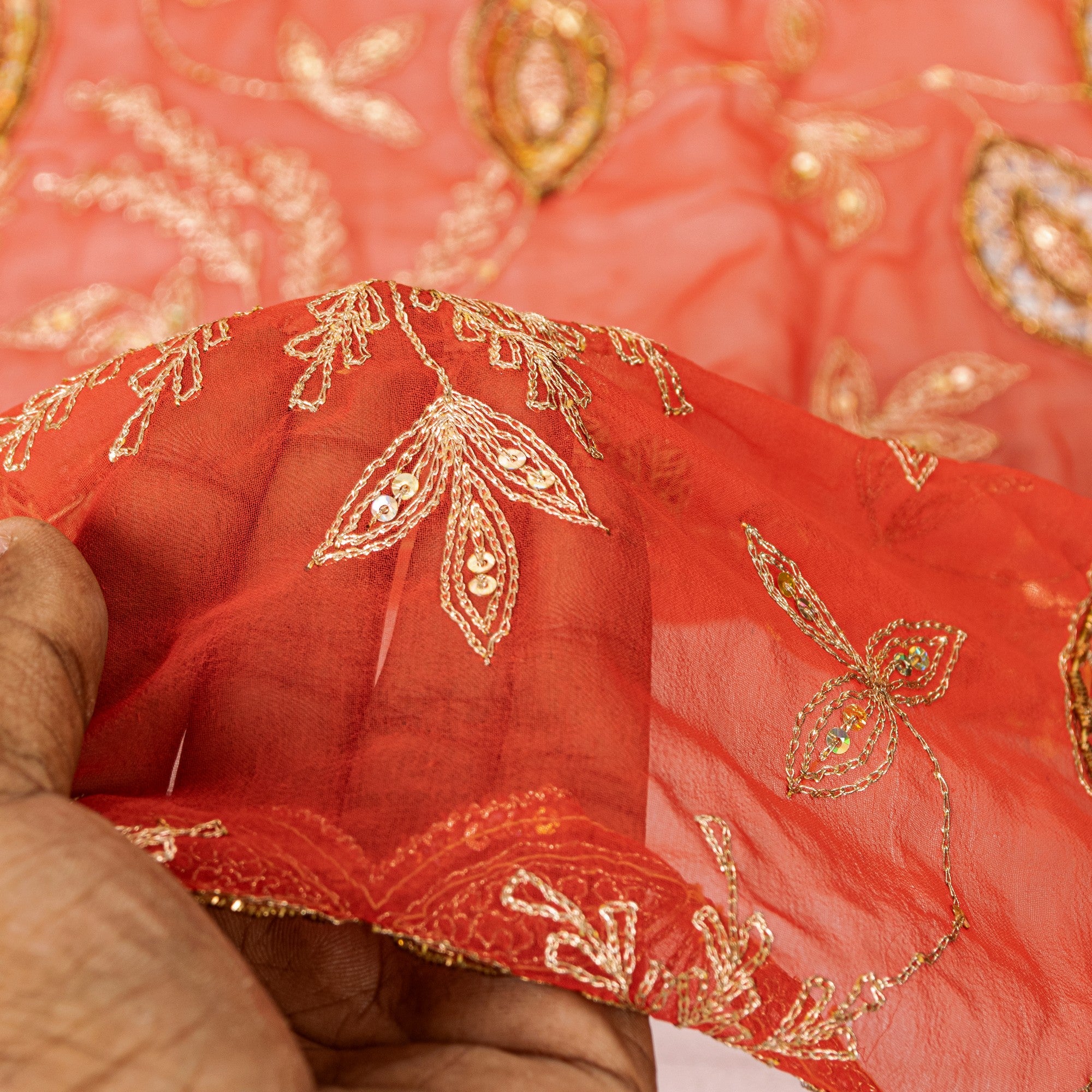 Sanskriti Vintage Red Georgette Dupatta Hand Beaded Zari Zardozi Neck Stole Veil