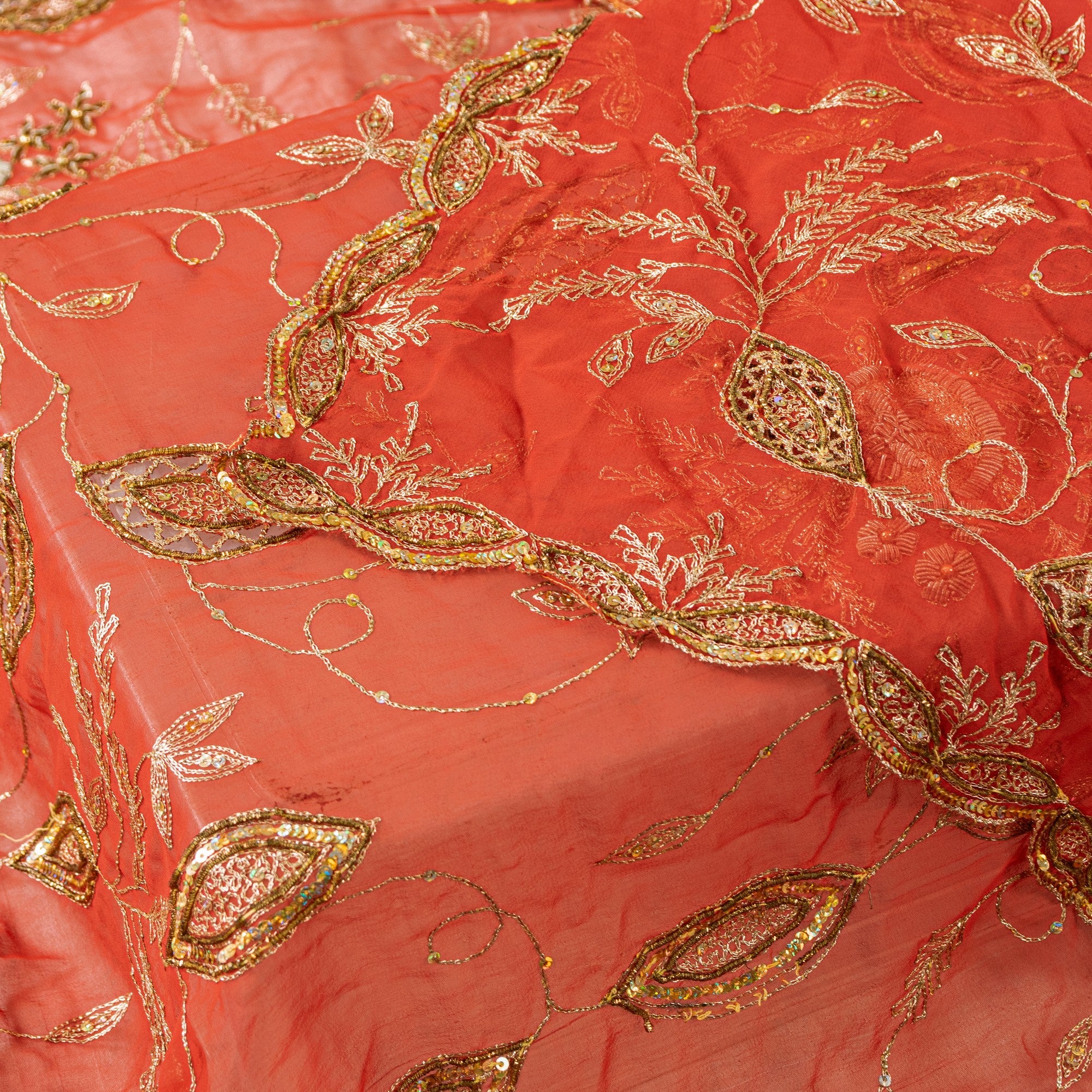 Sanskriti Vintage Red Georgette Dupatta Hand Beaded Zari Zardozi Neck Stole Veil