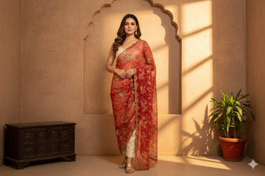 Sanskriti Vintage Red Georgette Dupatta Hand Beaded Zari Zardozi Neck Stole Veil