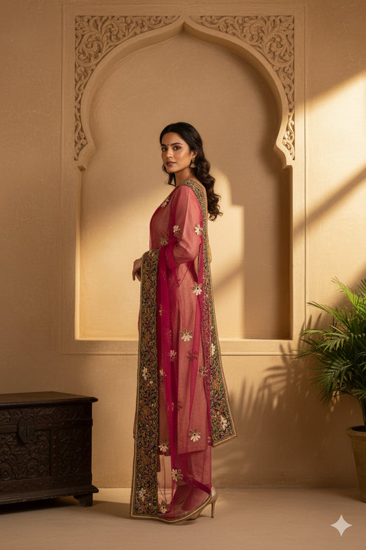 Sanskriti Vintage Pink Net Dupatta Hand Beaded Zardozi Dabka Long Stole Scarves