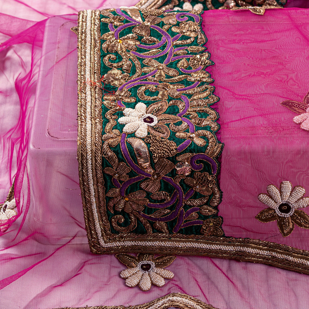 Sanskriti Vintage Pink Net Dupatta Hand Beaded Zardozi Dabka Long Stole Scarves