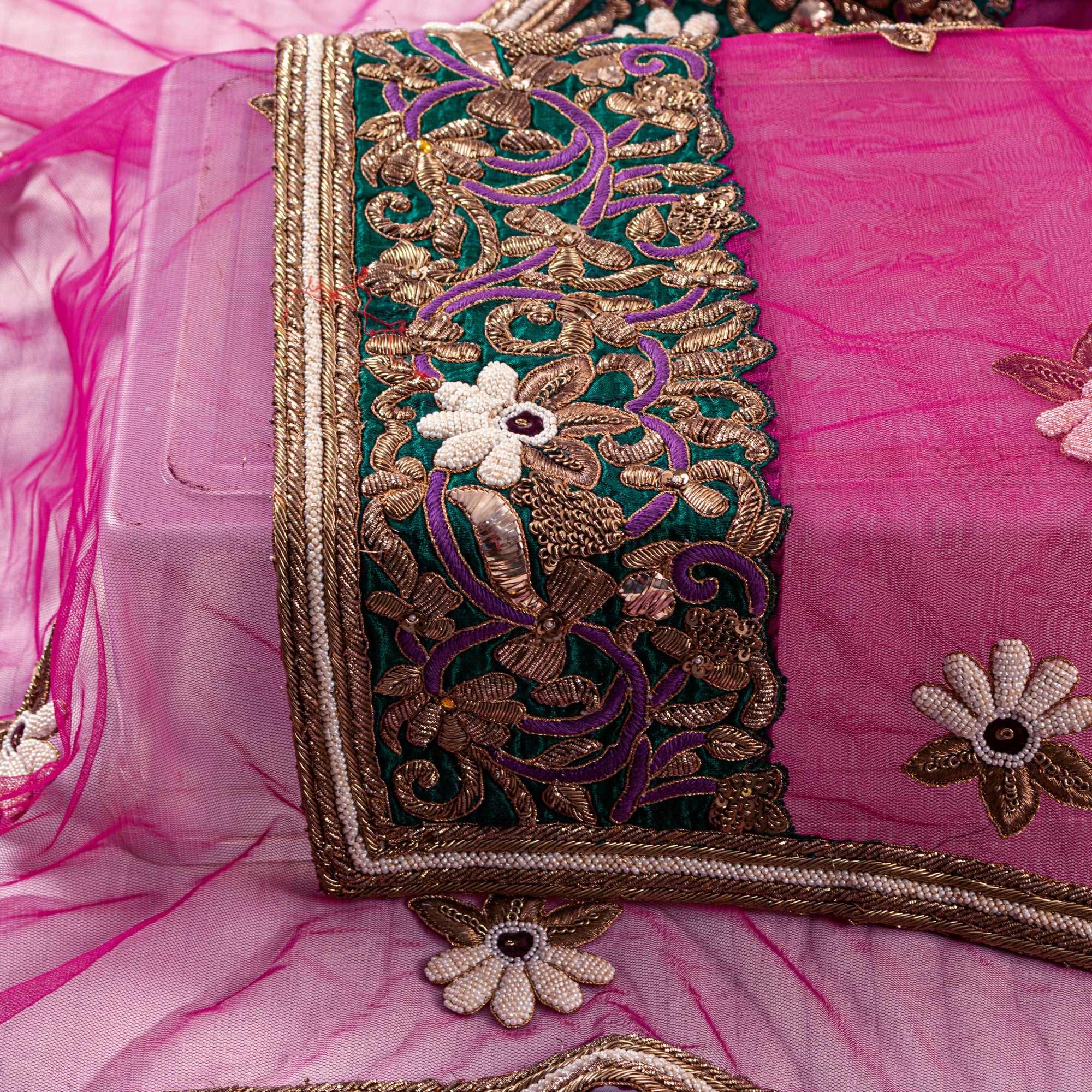 Sanskriti Vintage Pink Net Dupatta Hand Beaded Zardozi Dabka Long Stole Scarves