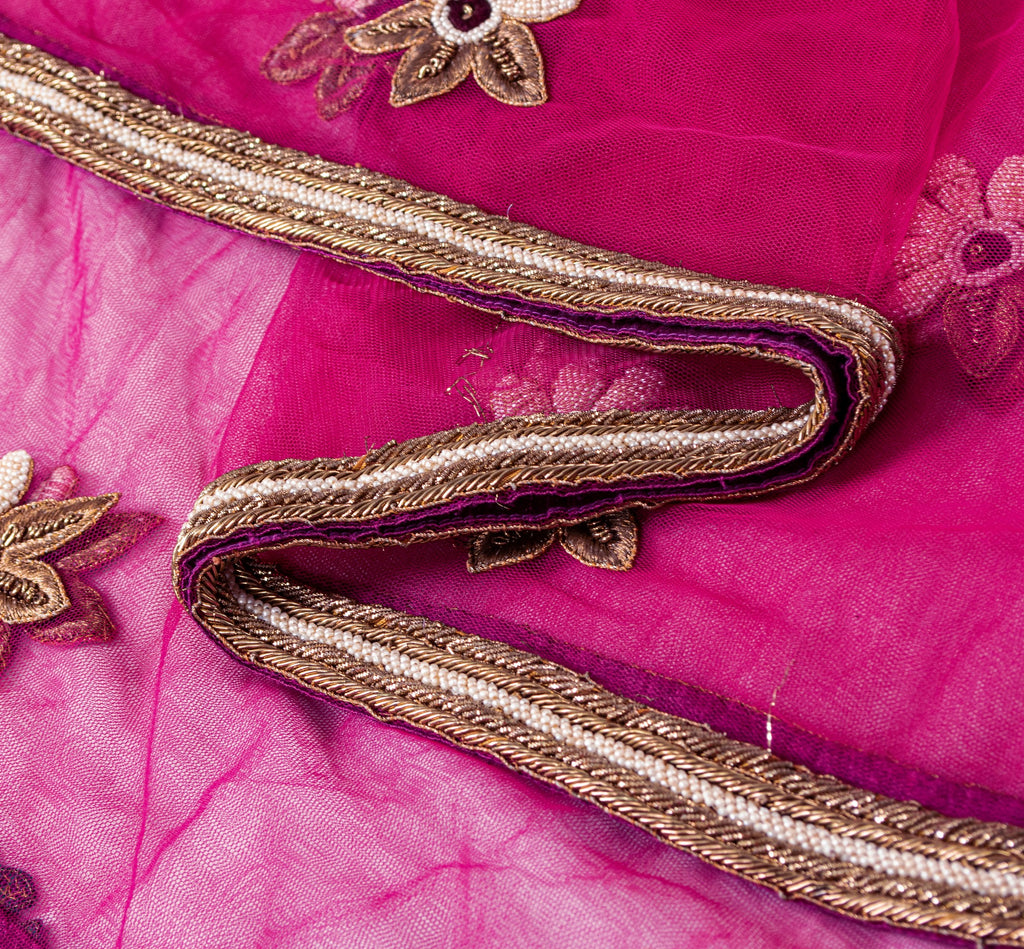 Sanskriti Vintage Pink Net Dupatta Hand Beaded Zardozi Dabka Long Stole Scarves