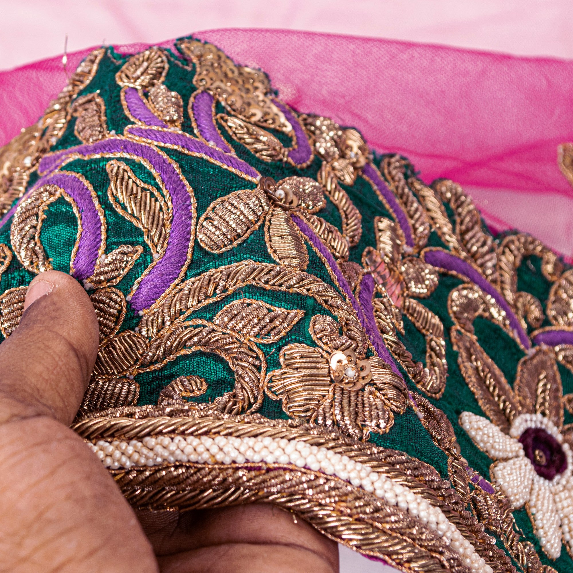 Sanskriti Vintage Pink Net Dupatta Hand Beaded Zardozi Dabka Long Stole Scarves