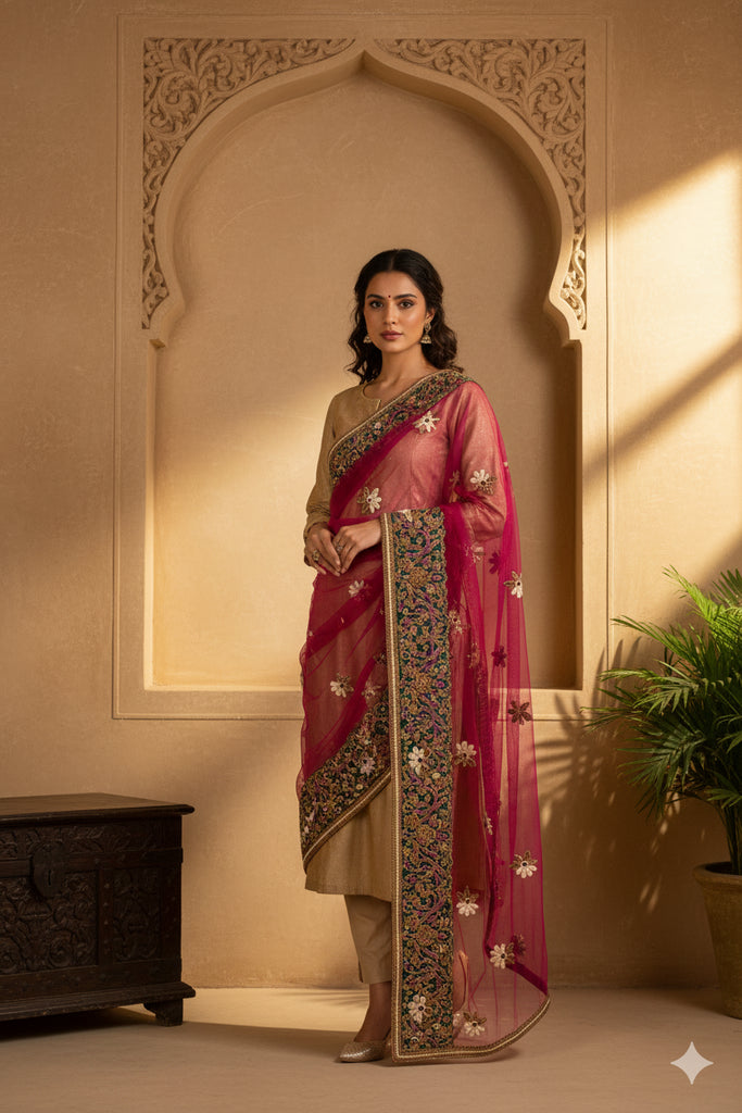 Sanskriti Vintage Pink Net Dupatta Hand Beaded Zardozi Dabka Long Stole Scarves