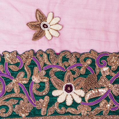 Sanskriti Vintage Pink Net Dupatta Hand Beaded Zardozi Dabka Long Stole Scarves